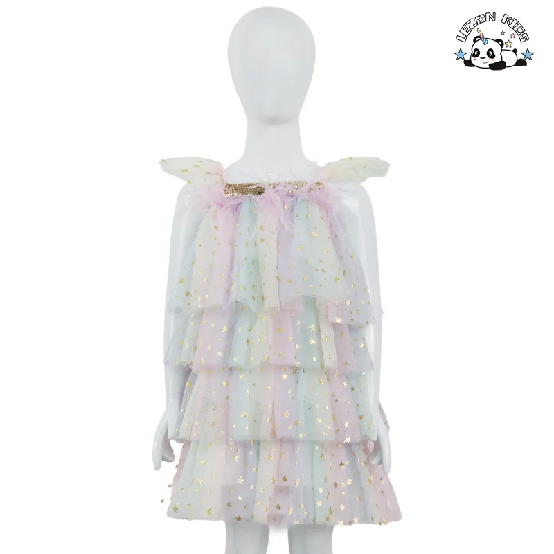 LEZONKIDS - Personalização OEM Novo 2024 Vestido de Meninas com Alça, Manga Voadora, Camadas, Estrela Brilhante, Impressão, Bolo, Vestido, Lindo, Pena